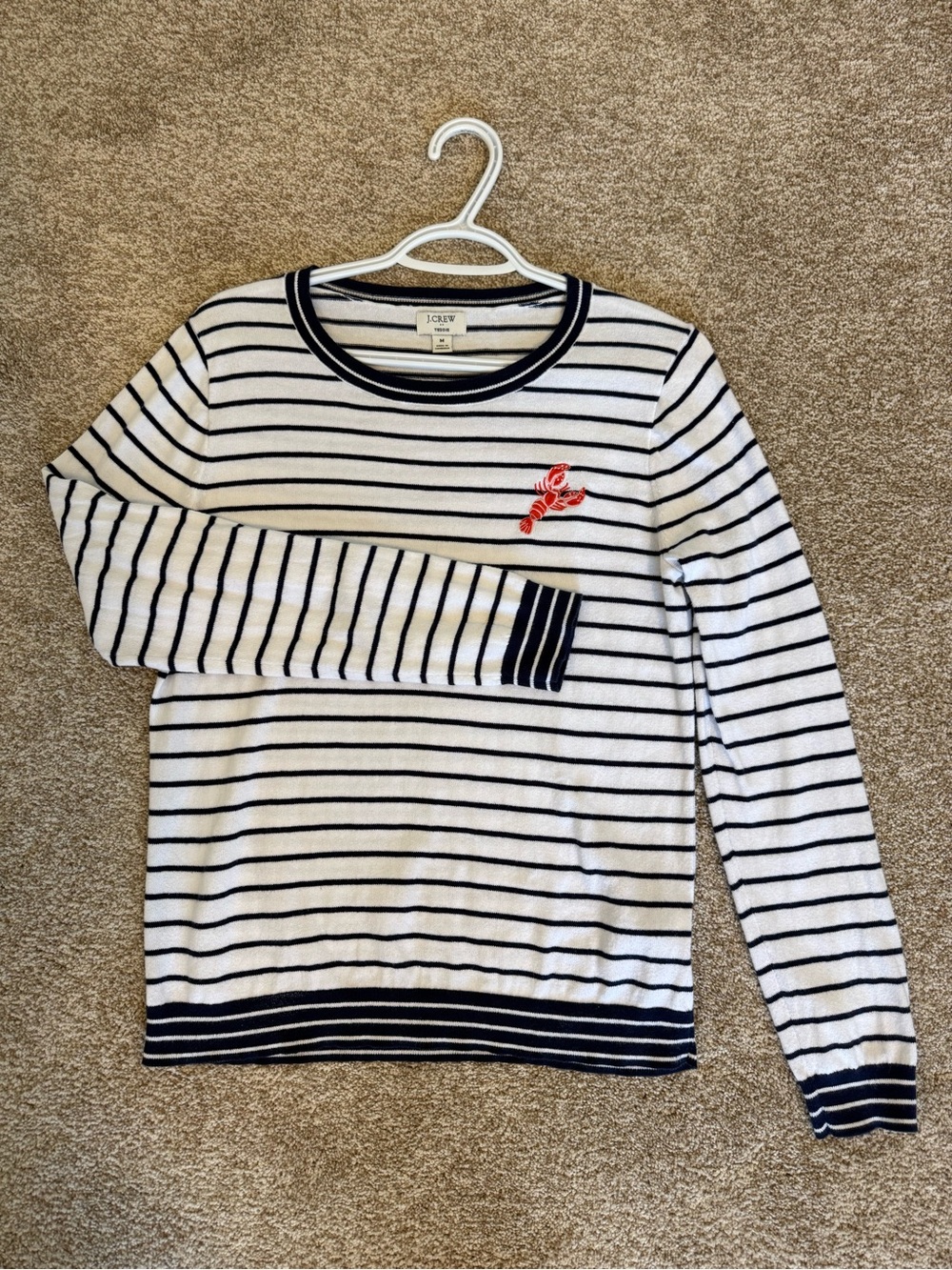 J. Crew Navy and White Striped Crewneck Sweater with Red Lobster Patch size M